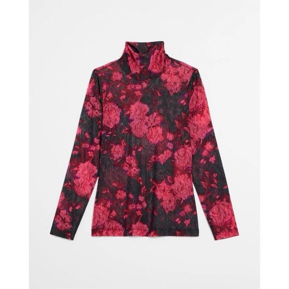 White House Black Market Pink Black LS Mesh Turtleneck Size Small Sheer - Picture 7 of 8